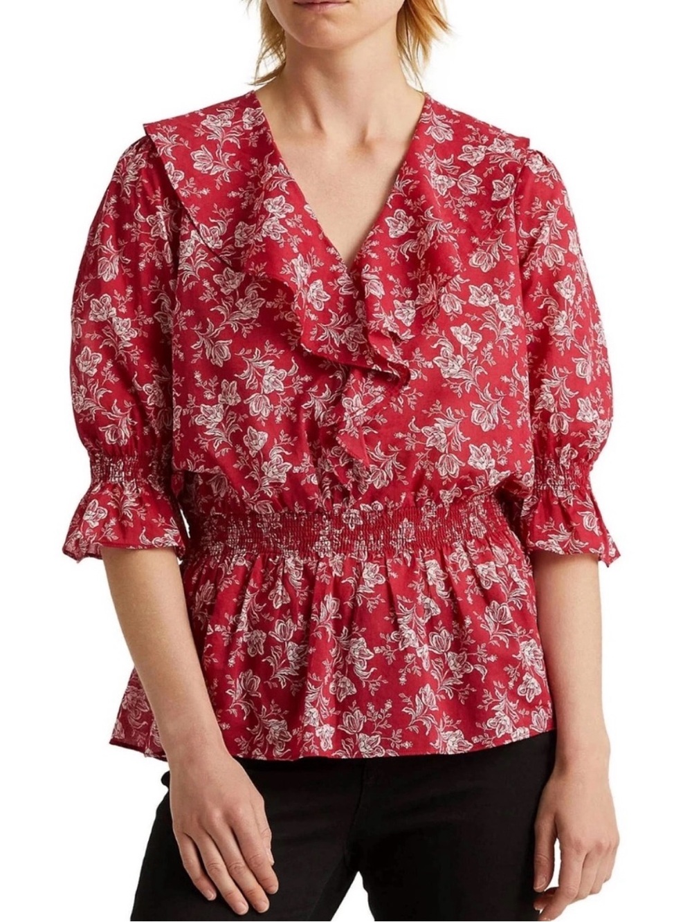 Lauren Ralph Lauren Red Ploral Ruffle Peplum Blouse Smocked Waist Size Small